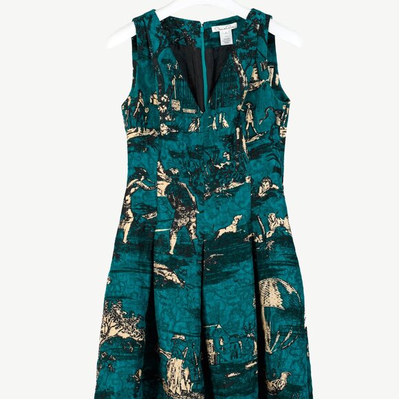 Oscar de la Renta AW/13 Teal Jacquard Sleeveless Pleated A-Line Dress - Picture 2 of 10